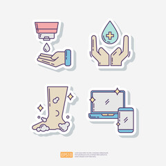 sanitize hand or using lotion, foam feet washing, laptop and smartphone disinfection. Clean and disinfect sticker set icon. Vector illustration