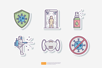 Virus protection, disinfection tunnel and worker, antiseptic spray bottle, medical face mask, forbidden sign with virus particle symbol. Clean and disinfect sticker set icon. Vector illustration
