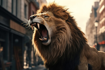 Roaring lion attack on city street, close-up of rabid dangerous animal, aggressive angry predator - obrazy, fototapety, plakaty