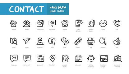 Contact us hand writting line web icon set. Outline icons collection. Simple vector illustration. Contact, email, phone.