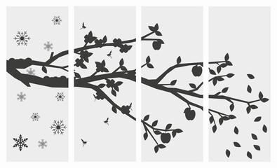 Black and white set of pictures of the four seasons of the year. Tree four times a year in spring, summer, autumn and winter vector illustration.