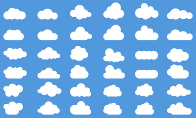 Clouds in the sky. Abstract white cloud set isolated on blue background. Vector illustration.