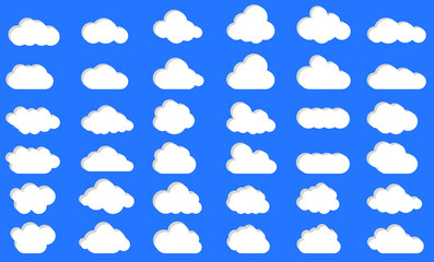 Clouds in the sky with shadow. Abstract white set of clouds isolated on a blue background. Vector illustration.