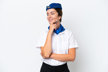 Airplane stewardess caucasian woman isolated on white background looking to the side