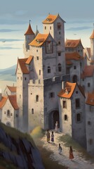 Medieval Castle with Villagers Walking Through the Streets - View from Above - Children's Book Digital Painting AI Generated