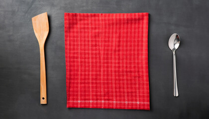 Red tablecloth on kitchen table black color with for your recipe or menu. Top view flat lay. Mock up.