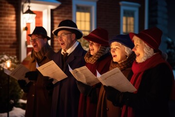 Carolers mature men and women singing traditional Christmas songs in evening in front of house.