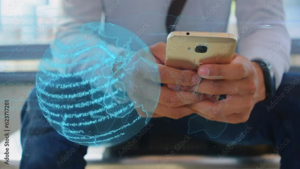 Poster animation of data processing and globe over biracial businessman using smartphone