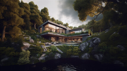A modern house with a flat roof and panoramic windows on a mountainside surrounded by a forest. 3D visualization. nature around the house