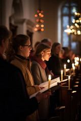 People during traditional Christmas service in dark church with burning candles.
