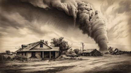 Black and white drawing of a tornado next to some wooden houses