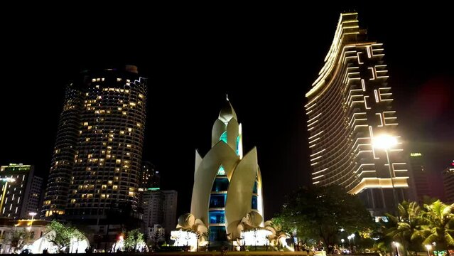 Top view aerial drone lapse video of Nha Trang city at night. 4K