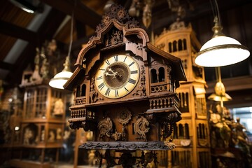 Swiss cuckoo clock striking twelve in an antique shop