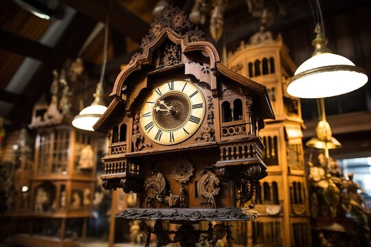 Swiss cuckoo clock striking twelve in an antique shop
