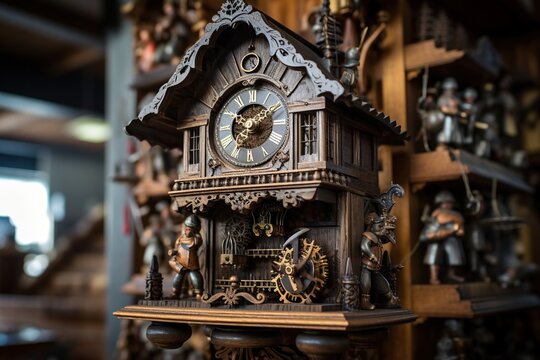Swiss cuckoo clock striking twelve in an antique shop