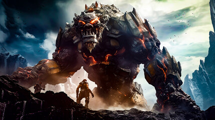 a giant creature on top of mountain in battle against a warrior