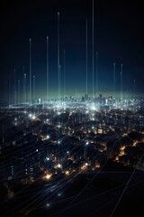 City skyline at night with wireless signals
