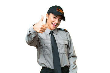 Young safeguard woman over isolated chroma key background with thumbs up because something good has...