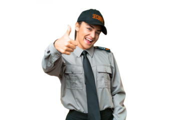 Young safeguard woman over isolated chroma key background with thumbs up because something good has happened