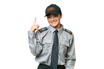 Young safeguard woman over isolated chroma key background showing and lifting a finger in sign of the best