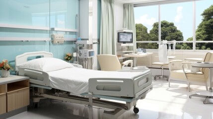 Hospital room with beds and comfortable medical equipped in a modern hospital