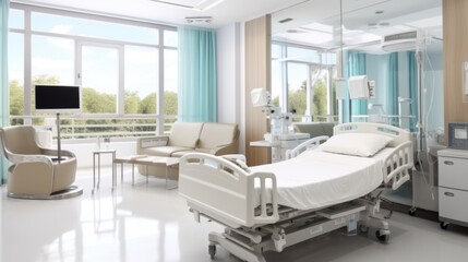 Hospital room with beds and comfortable medical equipped in a modern hospital - obrazy, fototapety, plakaty