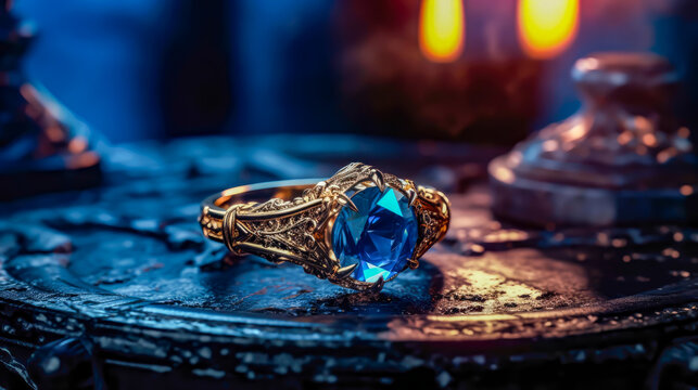 a gold ring on a table with sapphire, close up