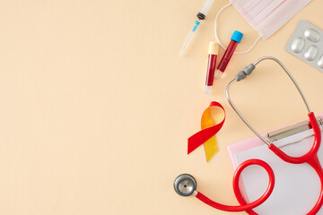 Medical care during World Hepatitis Day. Top view flat lay of stethoscope, clipboard, awareness ribbon, medication, medical mask, blood samples, syringe on pastel beige background with space for text