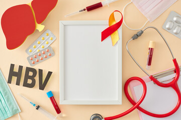 World Hepatitis Day theme. Top view of pills, HBV abbreviation, liver, stethoscope, clipboard,...