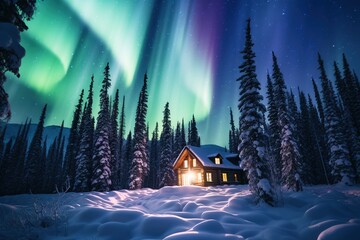 The Aurora Borealis dancing over an isolated, snow-covered log cabin
