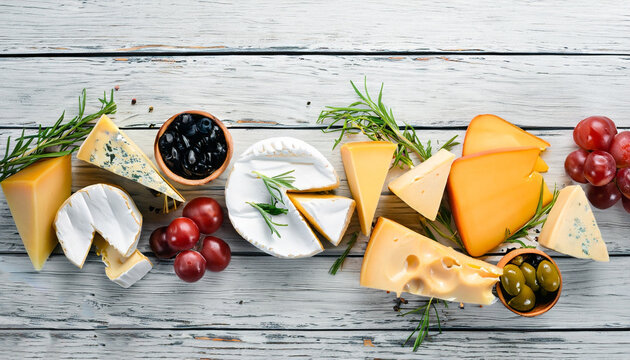 Set or assortment cheeses. Suluguni with spice, camembert, blue cheese, parmesan, maasdam, brie cheese with rosemary and pepper. Top view. On white wooden old background. Free copy space.