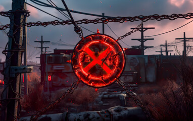 a red sign is sitting on barbed wire, dystopian future, video game style, - obrazy, fototapety, plakaty