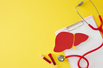 The concept of the importance of liver health. Top view composition of paper liver, clipboard, blood samples, stethoscope on yellow background with empty space for text