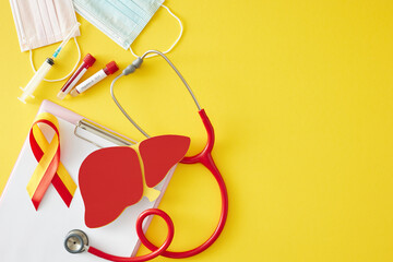 The concept of liver health. Top view shot of liver, medical masks, clipboard, awareness ribbon, blood samples, syringe, stethoscope on yellow background with empty space for message