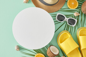 The idea of a summer beach getaway. Top view photo of flip flops, hat, eyewear, orange slices, coconuts, palm leaves, seashells on turquoise background with blank circle for advert or text