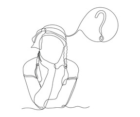 Abstract girl without a face, sitting and thinking ideas. Continuous drawing in one line