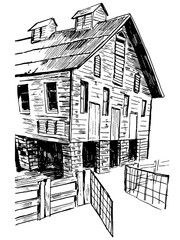 A barn ink illustration. Farming architecture vector detailed drawing. Black and white artwork. 