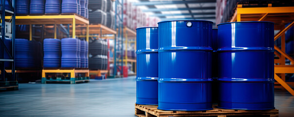 Blue barrel drum on the pallets contain liquid chemical in warehouse prepare for delivery to customer by made to order. Manufacture of chemicals production. Oil and chemical industrial works concept.	