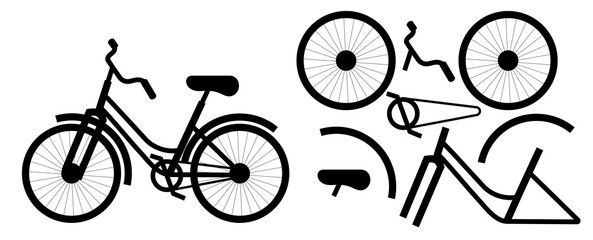 One-color silhouette of a bicycle and parts of a disassembled bicycle.