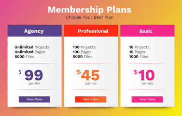 Pricing plans table with gradient color theme design. vector