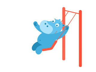 A blue cheerful hippo is swinging on a red swing. Flat vector illustration.