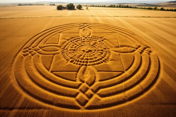 Fototapeta na wymiar Top view of elaborate crop circle design in a wheat field