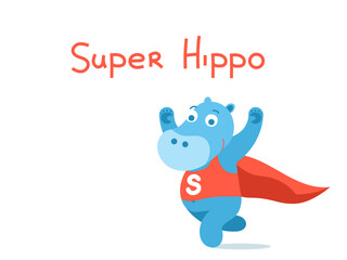 A blue superhero hippo in a red cape suit. Flat vector character illustration.