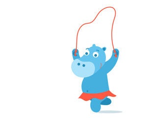A blue plump hippo girl in a red skirt is jumping with a rope. Flat vector illustration.