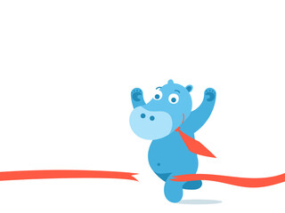 A blue hippo businessman in a red tie wins the race and runs first, tearing the red ribbon with his chest. Flat vector character illustration.