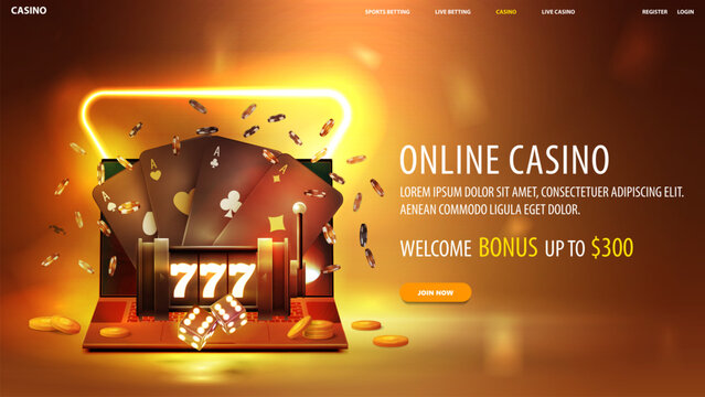 Online casino, gold web banner with laptop, neon slot machine, black playing cards, dice and poker chips on background with neon triangle