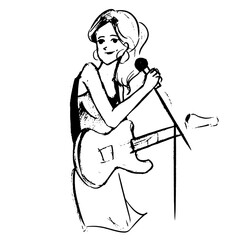 A girl playing guitar ink sketch. Musical performer vector drawing. Isolated on white. 