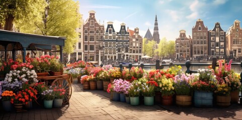 Vibrant Blooms at Amsterdam's Bloemenmarkt: High-Resolution Panoramic View, generative ai