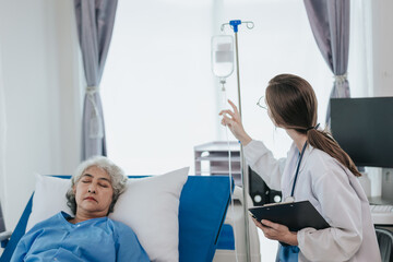 professional female doctor treating elderly patients on hospital beds