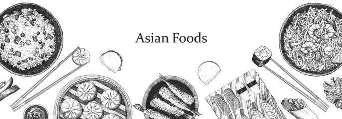 Asian Restaurant Menu. Hand-drawn illustration of dishes and products. Ink. Vector